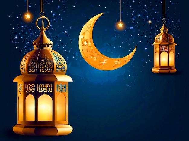 Ramadan Kareem background banner Blue banner with moon and lantern