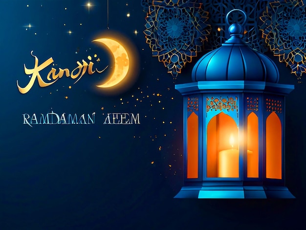 Ramadan Kareem background banner Blue banner with moon and lantern