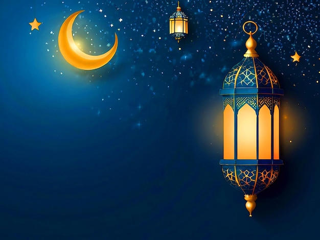 Ramadan Kareem background banner Blue banner with moon and lantern