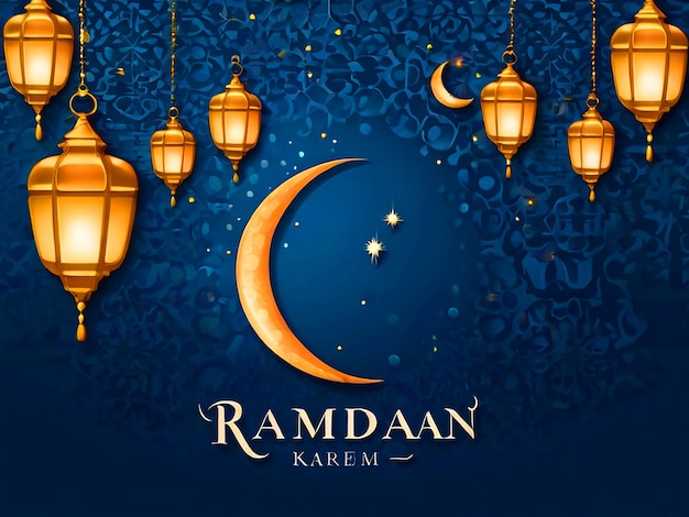 Ramadan Kareem background banner Blue banner with moon and lantern