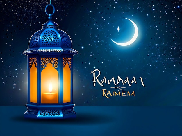 Ramadan Kareem background banner Blue banner with moon and lantern