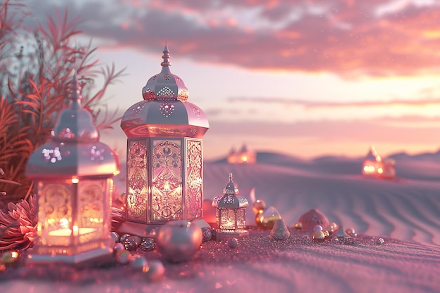 Ramadan Kareem background Festive lanterns in the desert