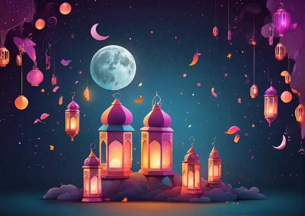 Ramadan Kareem background with hanging lamps and stars eid mubarak illustrations