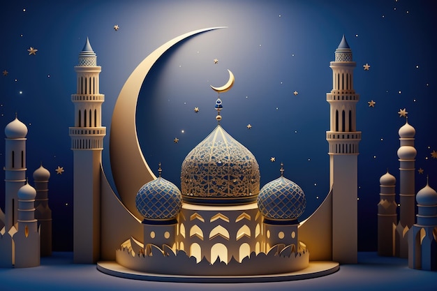 Ramadan Kareem Background with Mosque and Crescent Moon 3d Rendering