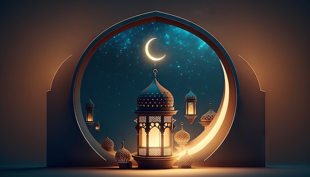 Ramadan Kareem background with mosque and crescent moon Generative AI