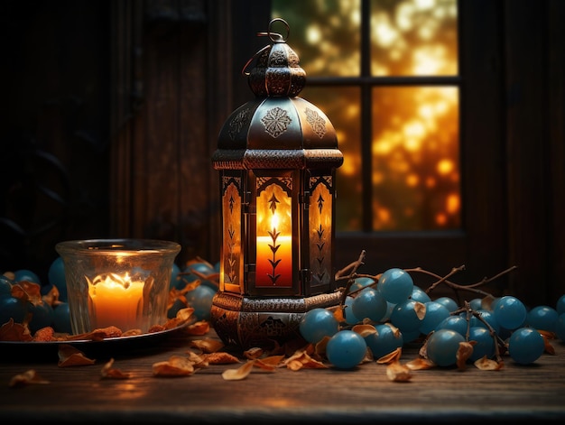 Ramadan kareem beautiful Illuminated lantern ornament and eid mubarak 3d islamic greeting illustration on bokeh background