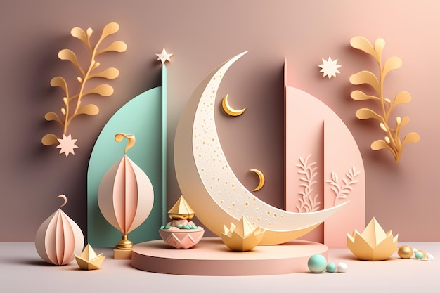 Ramadan Kareem Celebration and Decoration,3D Render Illustration Design