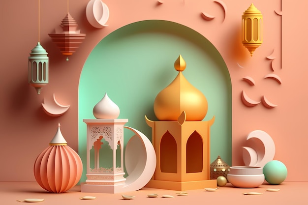 Ramadan Kareem Celebration and Decoration,3D Render Illustration Design