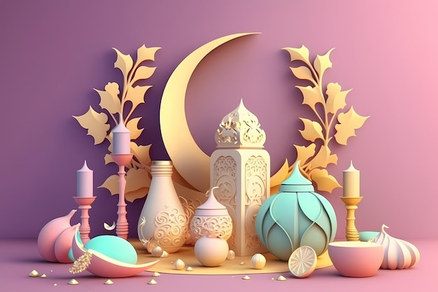 Ramadan Kareem Celebration and Decoration,3D Render Illustration Design