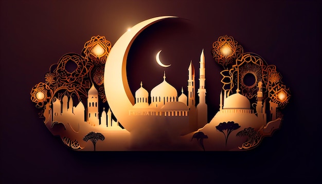 Ramadan Kareem Celebration Design with Crescent Moon and Mosque Generative Ai