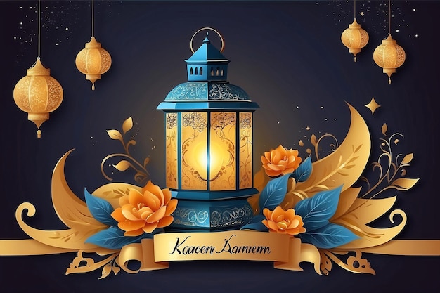 Ramadan kareem celebration greeting card with creative lantern