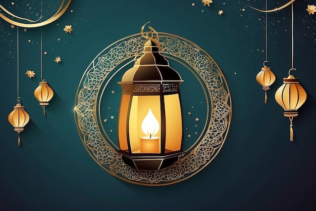 Ramadan kareem celebration greeting card with creative lantern