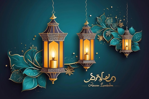 Ramadan kareem celebration greeting card with creative lantern