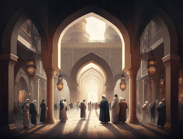 Ramadan Kareem Celebration with Crowds of People Gathering at the Mosque by Generative AI Technology