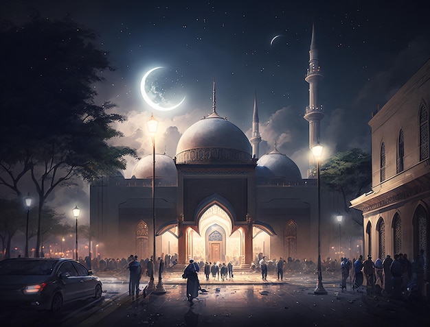 Ramadan Kareem Celebration with Crowds of People Gathering at the Mosque by Generative AI Technology