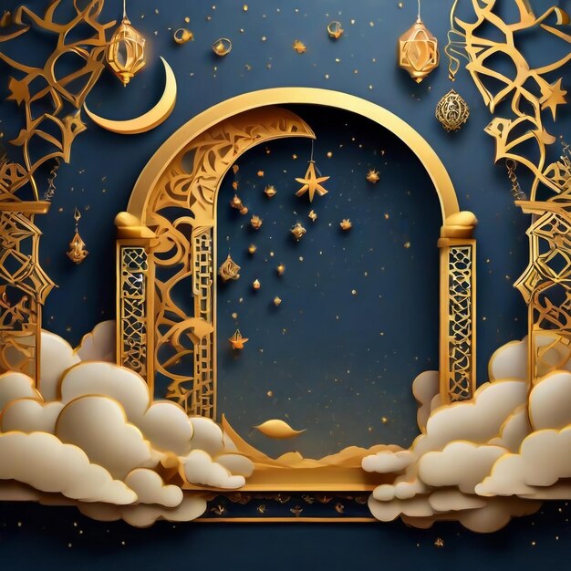 Ramadan Kareem concept banner gold 3d frame arab window on night sky background