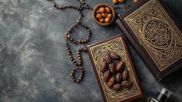 Ramadan Kareem concept with dates and holy book