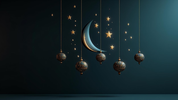 Ramadan Kareem decorative moon with hanging lanterns