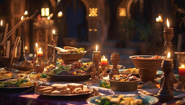 Ramadan kareem delicious dishes for iftar party with various food and candle