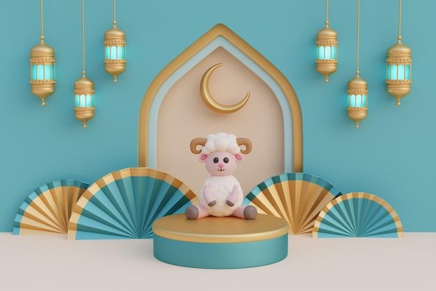 Ramadan Kareem or Eid Al Adha mubarak with cute cartoon sheep gold lantern and crescent moon Muslim Islamic festival 3d rendering