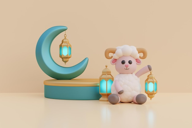 Ramadan Kareem or Eid Al Adha mubarak with cute cartoon sheep gold lantern and crescent moon Muslim Islamic festival 3d rendering