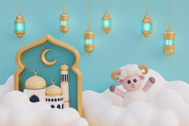 Ramadan Kareem or Eid Al Adha mubarak with cute cartoon sheep mosque gold lantern crescent moon and cloud Muslim Islamic festival 3d rendering