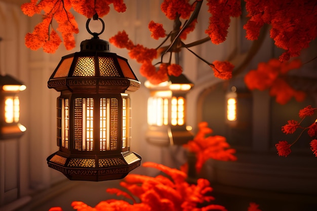 Ramadan Kareem Eid Mubarak Glowing Lantern Background for with copy space banner Generative AI