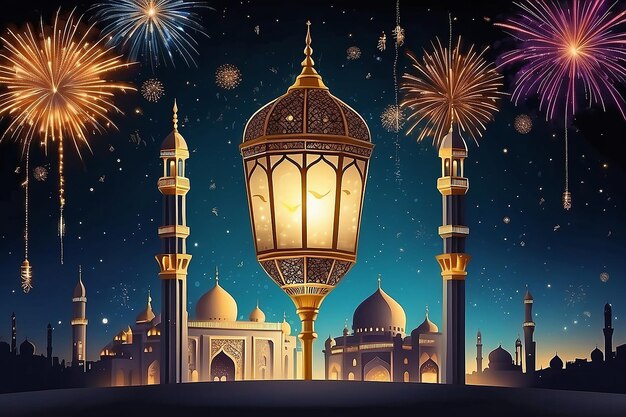 ramadan kareem eid mubarak royal elegant lamp with mosque holy gate with fireworks