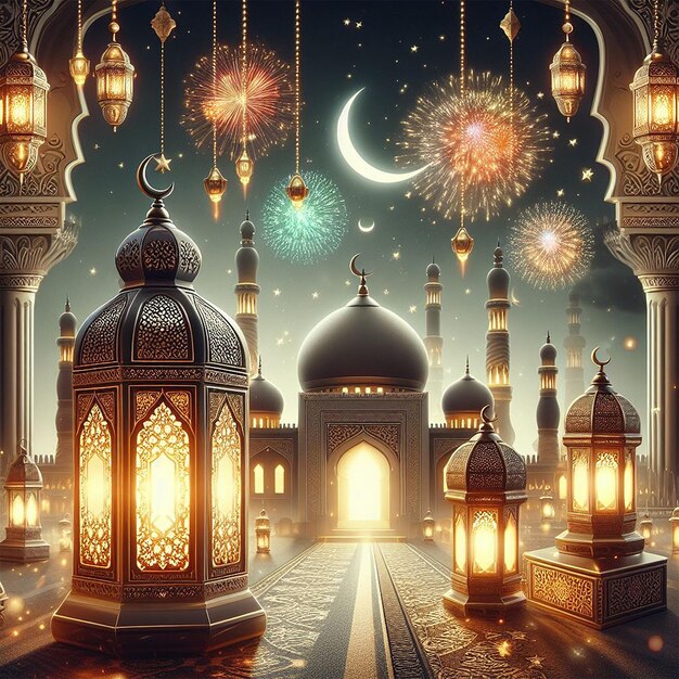 Ramadan Kareem Eid Mubarak royal elegant lamp with mosque holy gate with fireworks