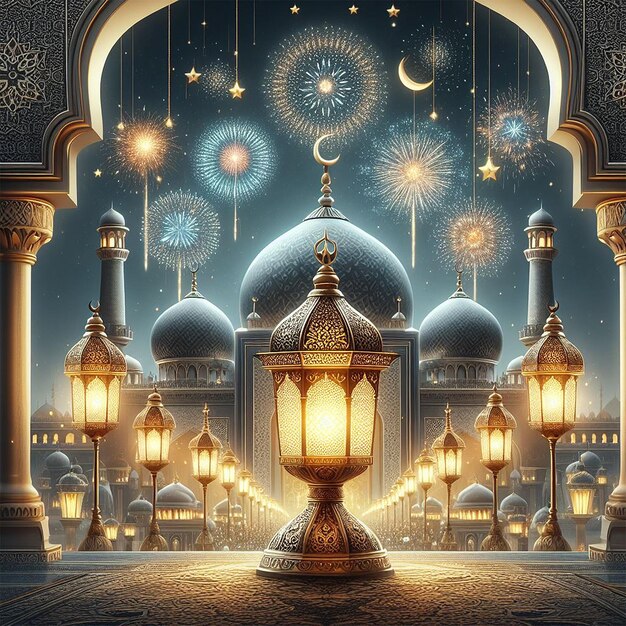 Ramadan Kareem Eid Mubarak royal elegant lamp with mosque holy gate with fireworks