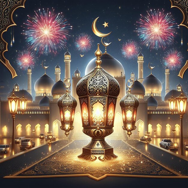 Ramadan Kareem Eid Mubarak royal elegant lamp with mosque holy gate with fireworks