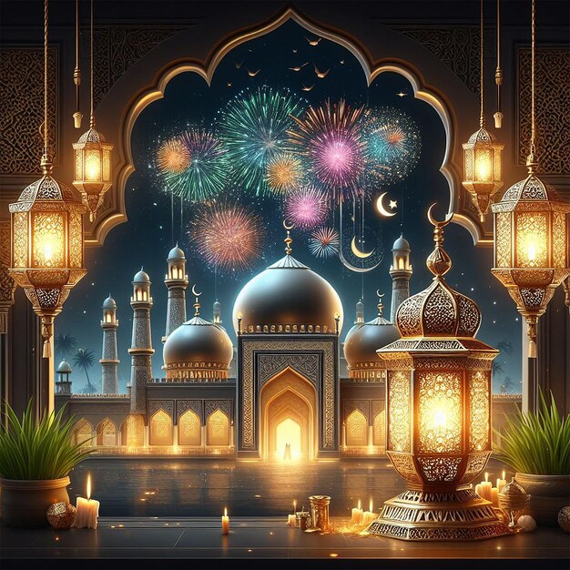 Ramadan Kareem Eid Mubarak royal elegant lamp with mosque holy gate with fireworks