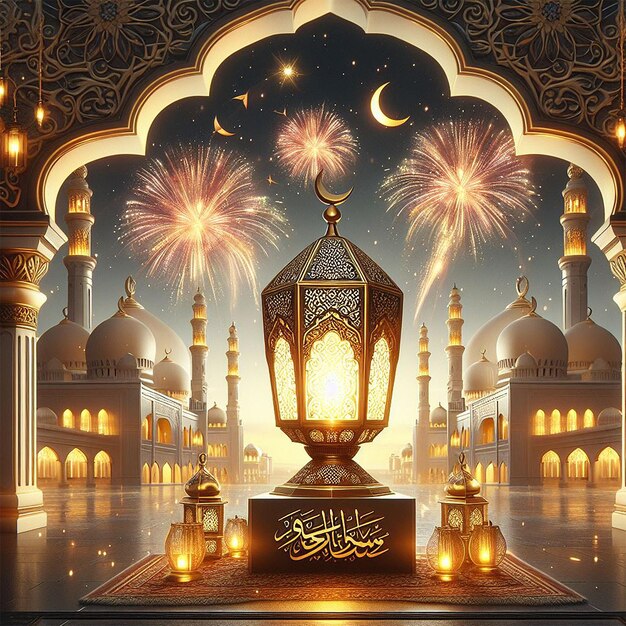 Ramadan Kareem Eid Mubarak royal elegant lamp with mosque holy gate with fireworks