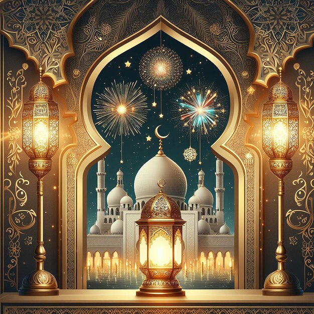 Ramadan Kareem Eid Mubarak royal elegant lamp with mosque holy gate with fireworks