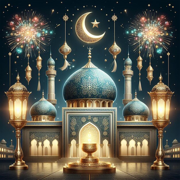 Ramadan Kareem Eid Mubarak royal elegant lamp with mosque holy gate with fireworks