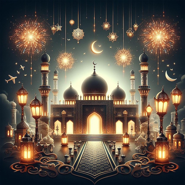 Ramadan Kareem Eid Mubarak royal elegant lamp with mosque holy gate with fireworks