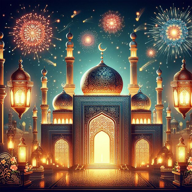 Ramadan Kareem Eid Mubarak royal elegant lamp with mosque holy gate with fireworks