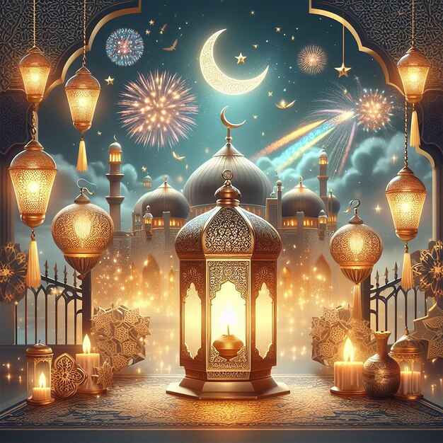 Ramadan Kareem Eid Mubarak royal elegant lamp with mosque holy gate with fireworks