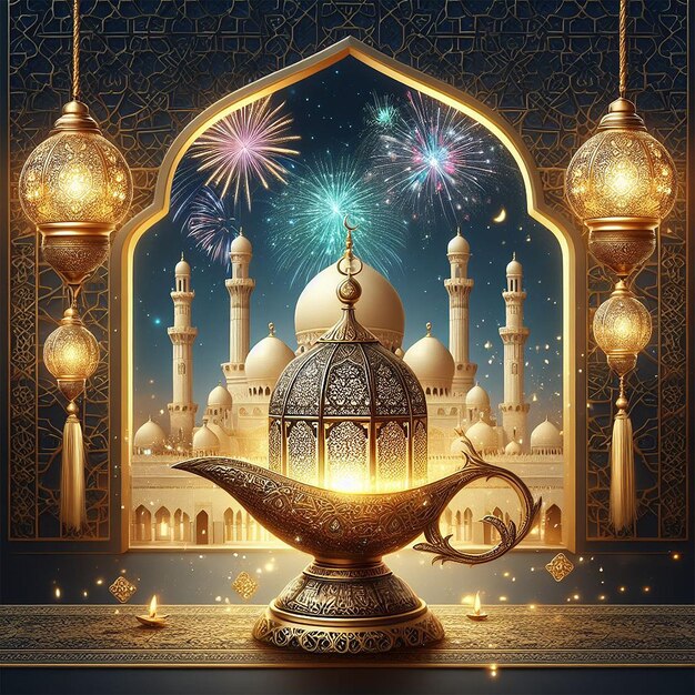 Ramadan Kareem Eid Mubarak royal elegant lamp with mosque holy gate with fireworks