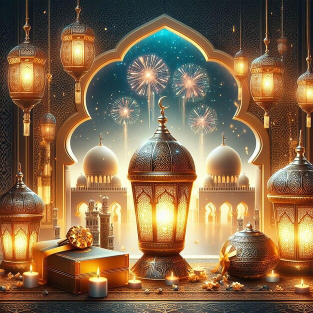 Ramadan Kareem Eid Mubarak royal elegant lamp with mosque holy gate with fireworks