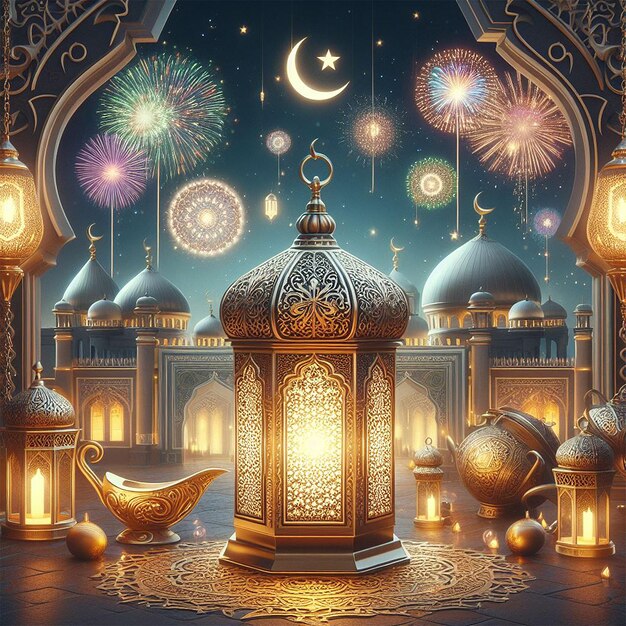 Ramadan Kareem Eid Mubarak royal elegant lamp with mosque holy gate with fireworks