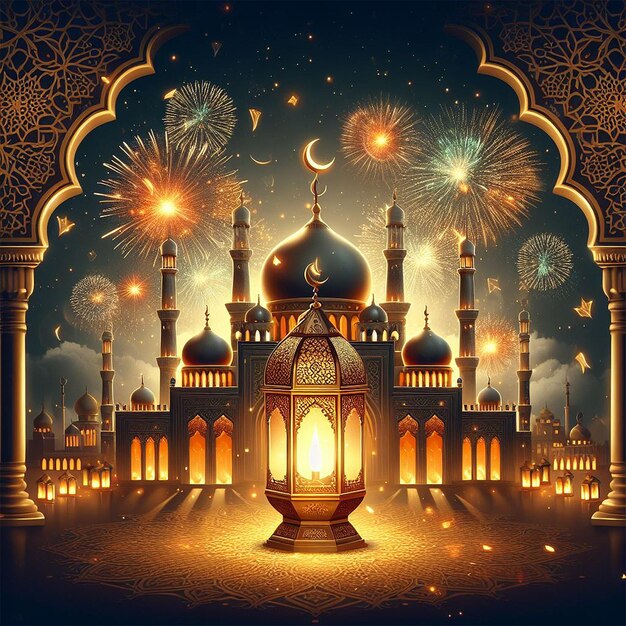 Ramadan Kareem Eid Mubarak royal elegant lamp with mosque holy gate with fireworks