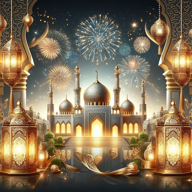 ramadan kareem eid mubarak royal elegant lamp with mosque holy gate with fireworks