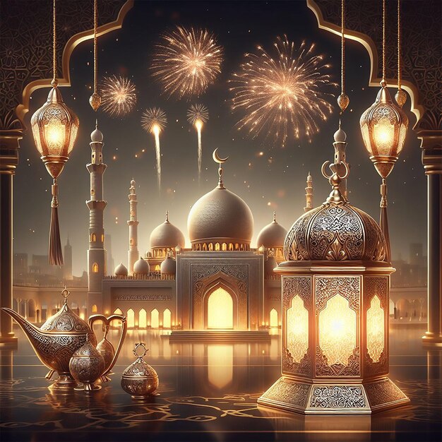 ramadan kareem eid mubarak royal elegant lamp with mosque holy gate with fireworks