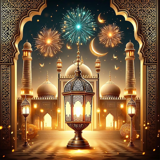 Ramadan Kareem Eid Mubarak royal elegant lamp with mosque holy gate with fireworks