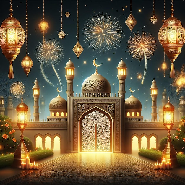 Ramadan Kareem Eid Mubarak royal elegant lamp with mosque holy gate with fireworks