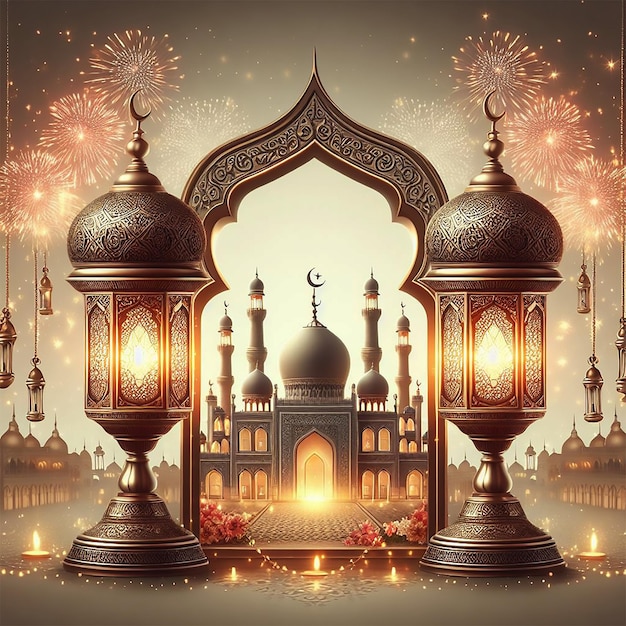 Ramadan Kareem Eid Mubarak royal elegant lamp with mosque holy gate with fireworks