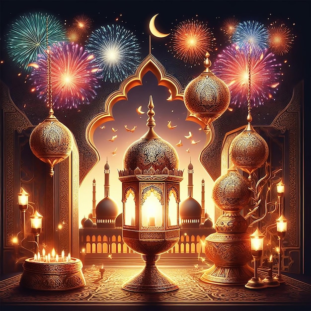 Ramadan Kareem Eid Mubarak royal elegant lamp with mosque holy gate with fireworks