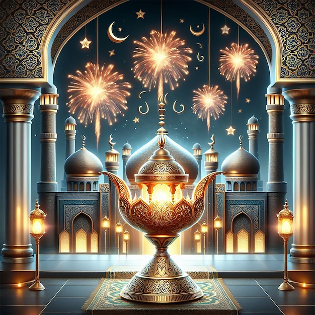 ramadan kareem eid mubarak royal elegant lamp with mosque holy gate with fireworks