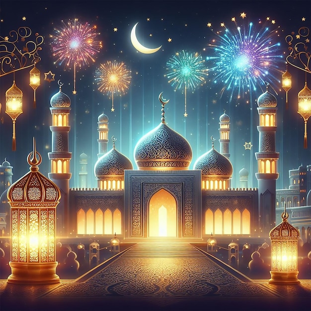 ramadan kareem eid mubarak royal elegant lamp with mosque holy gate with fireworks